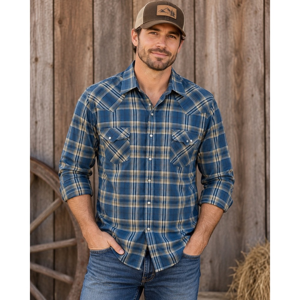 Plains Western Wear Men's XL Blue Plaid Pearl Snap Western Shirt Long Sleeve